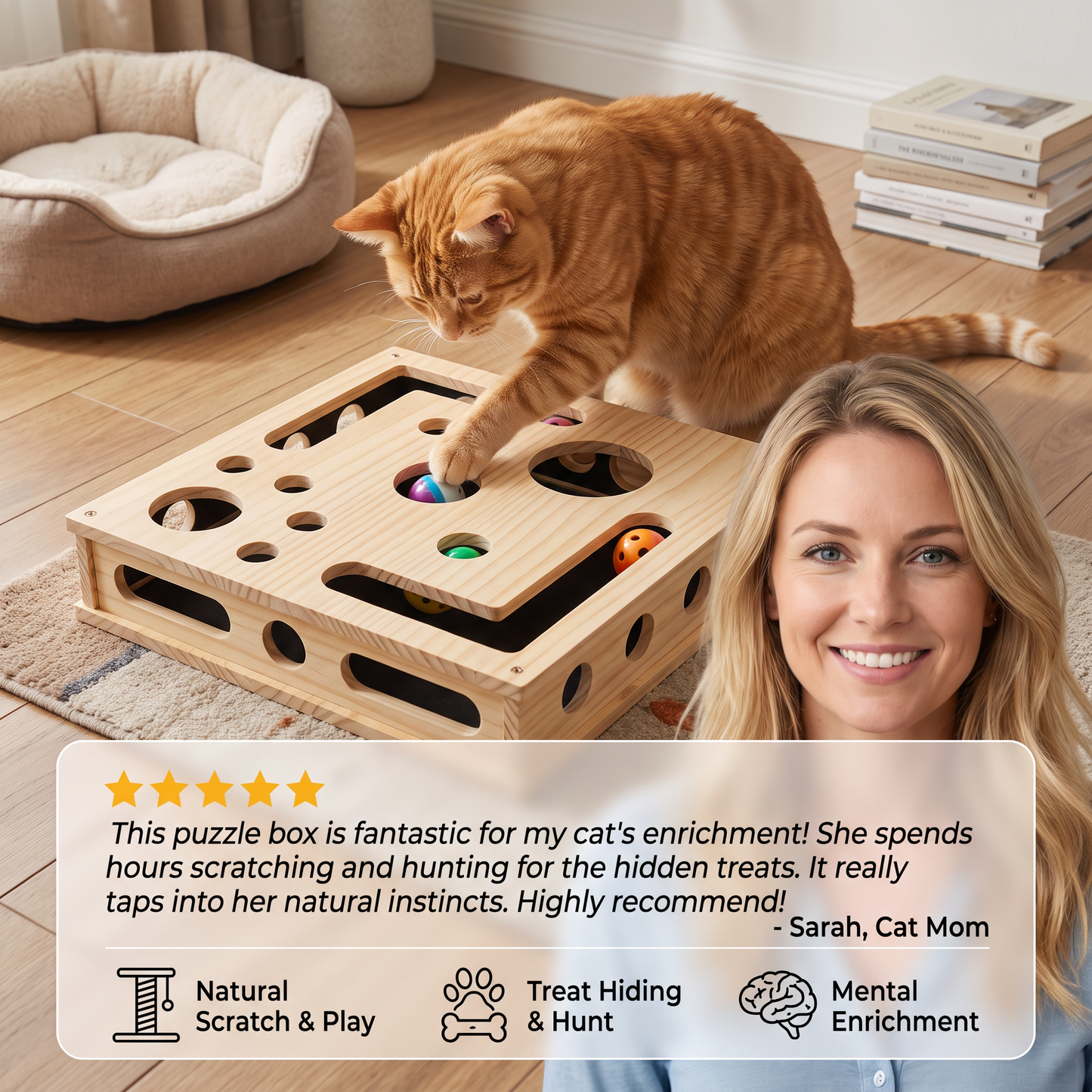 Interactive Wooden Cat Puzzle Box – Scratch, Hide & Treat Enrichment Toy