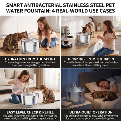 Smart Antibacterial Stainless Steel Pet Water Fountain – 4L Ultra-Quiet for Improved Pet Hydration & Health
